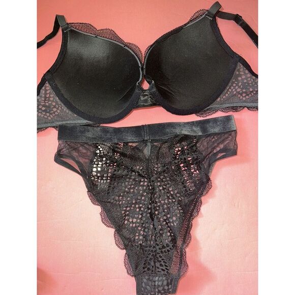 Victoria's Secret 32C BRA+CORSET bustier+TEDDY FISHNET velvet velour BLACK gray - Picture 5 of 12